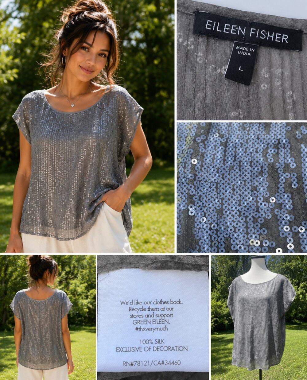 Luxury Elegant Eileen Fisher Silk Sequin Boxy Top Size L Gray Sparkle Evening